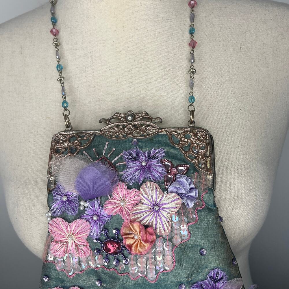 VTG Wayne M. Kleski Evening Bag Hand Beaded Blue Satin Fringe Handbag Victorian - Picture 4 of 9